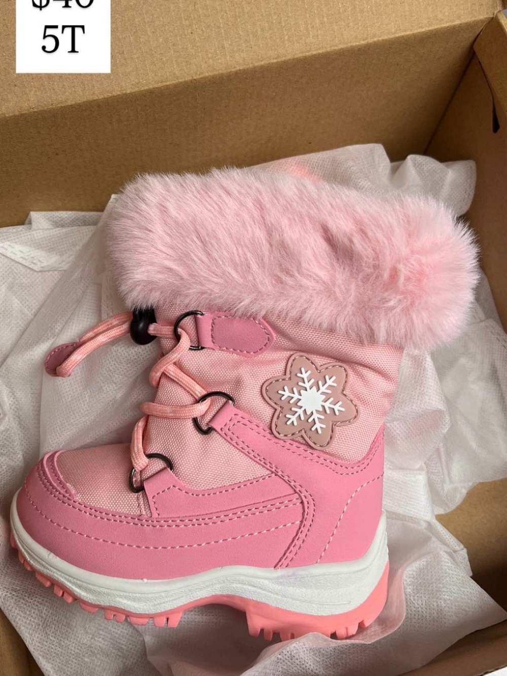 fabkids Pink Faux Fur Cuffed Snow Boot with Snowflake Accent